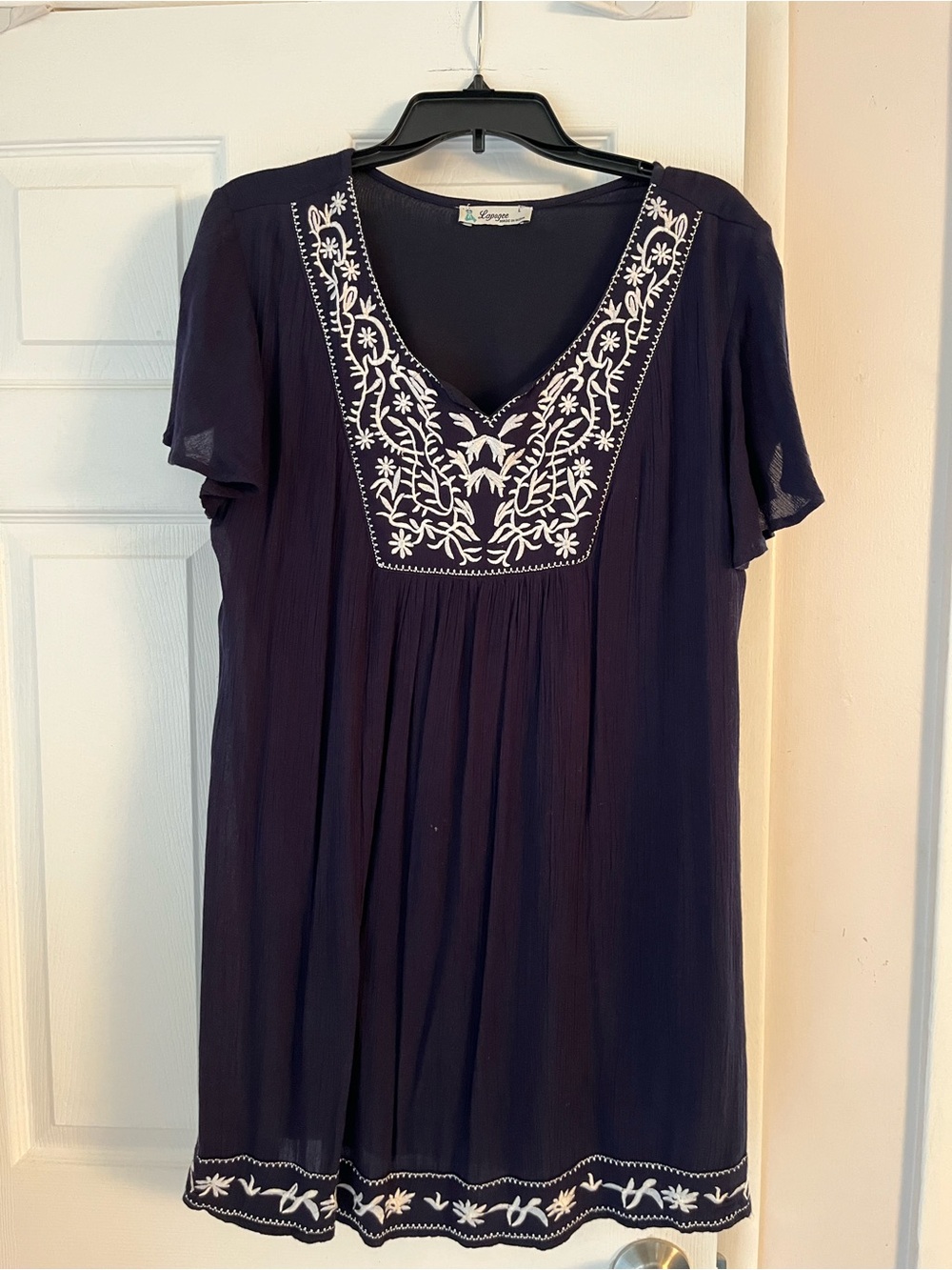 Embroidered Navy V-Neck Tunic Dress lapogee size Large